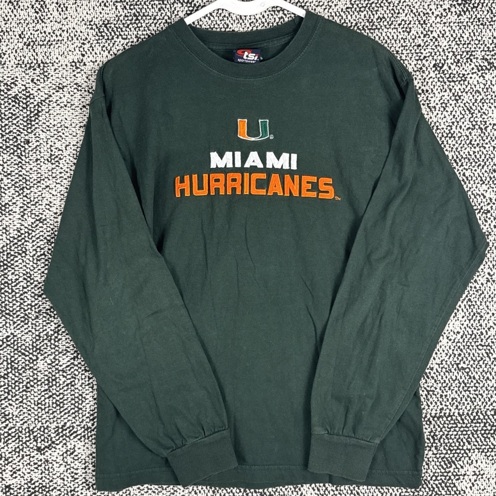 Miami Hurricanes Long Sleeve Embroidered T Shirt Junior XL Green Crew Neck TSI - Picture 2 of 9